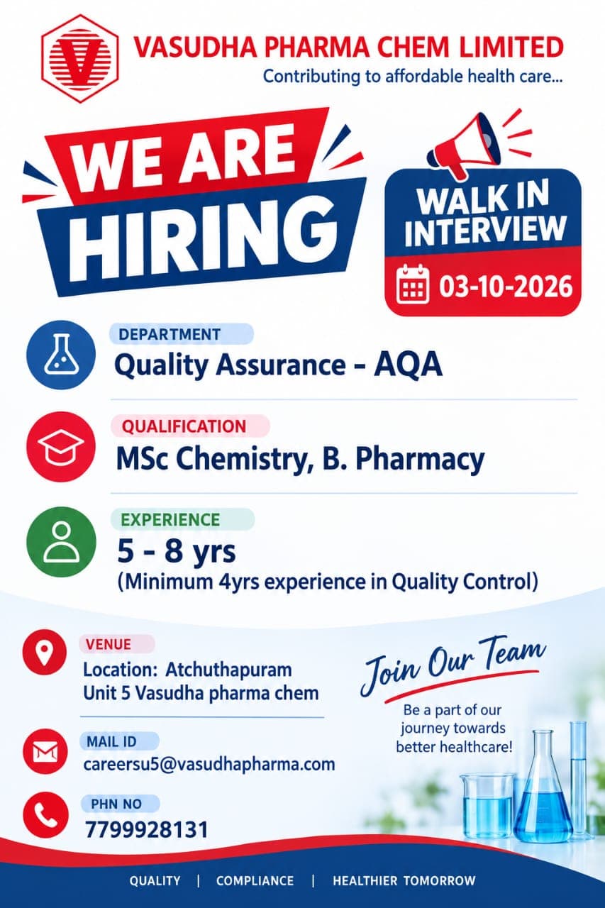 VASUDHA PHARMA CHEM LIMITED Hiring Poster