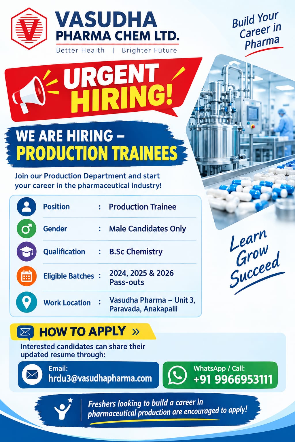 Vasudha Pharma Hiring Poster