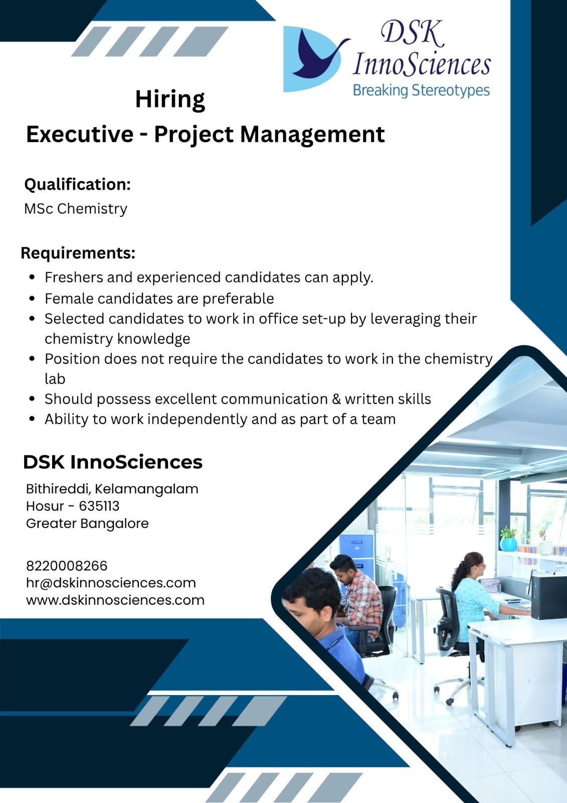 DSK InnoSciences Hiring Poster