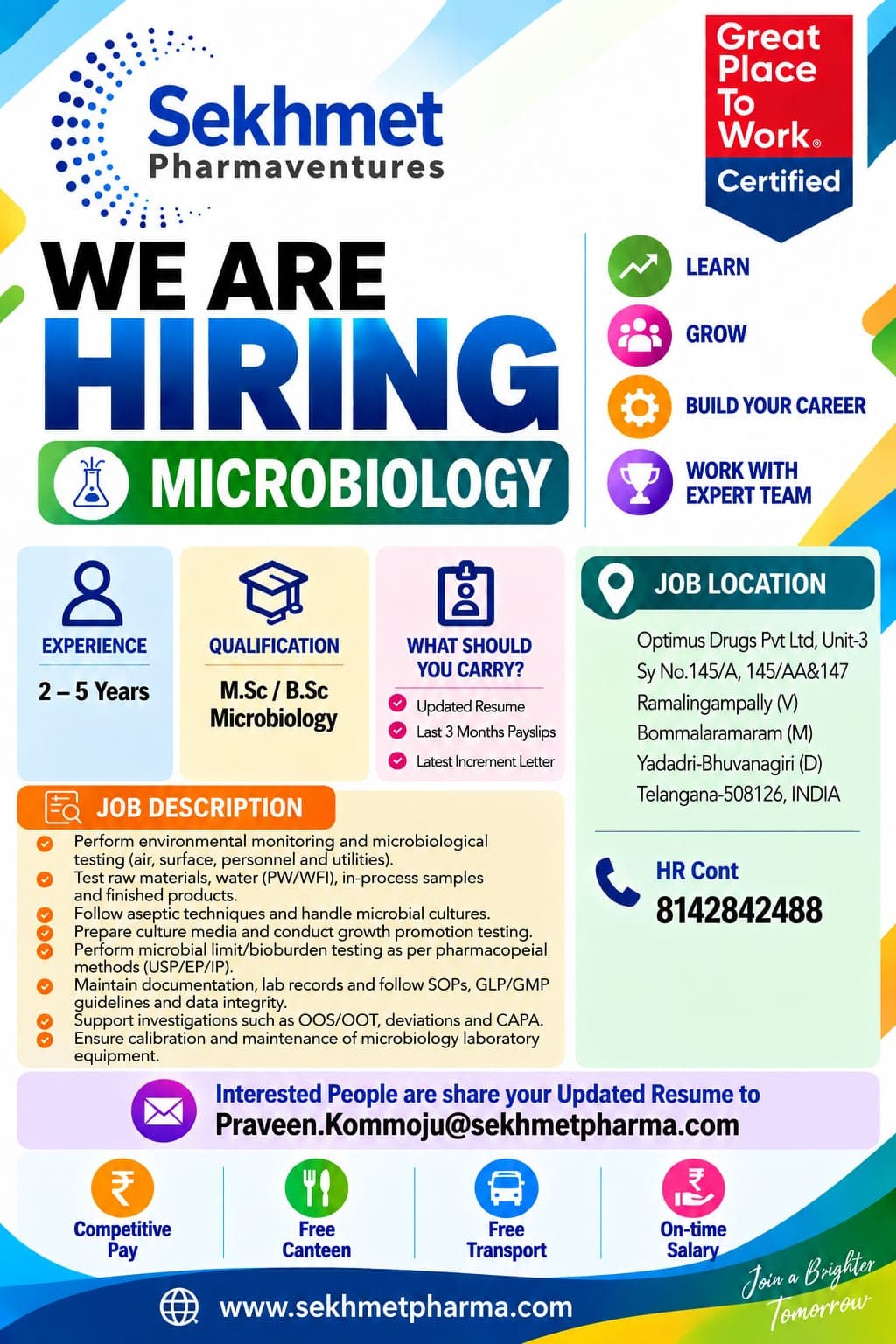 Optimus Drugs Pvt. Ltd. Hiring Poster