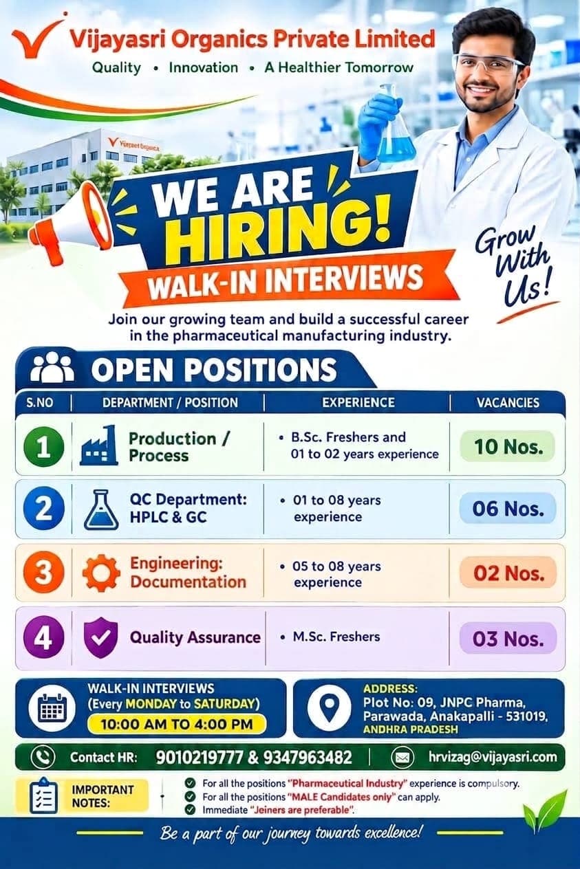 VIJAYASRI ORGANICS PRIVATE LIMITED Hiring Poster
